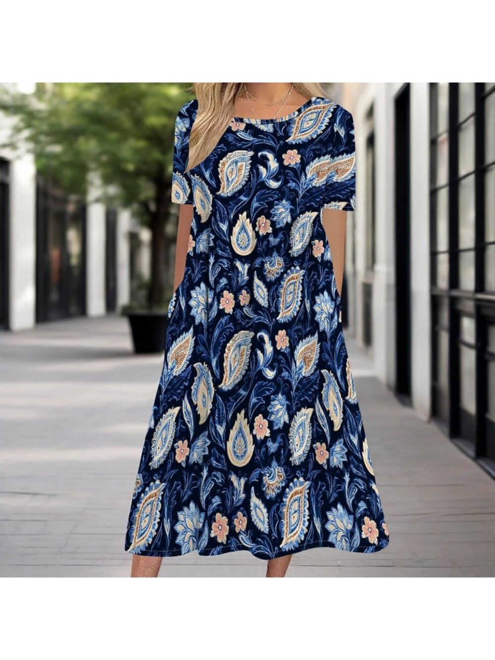 Women's Dark Blue Sleeve Crewneck Floral Print Casual Mode Maxi Long Dress - Picture 3 of 5